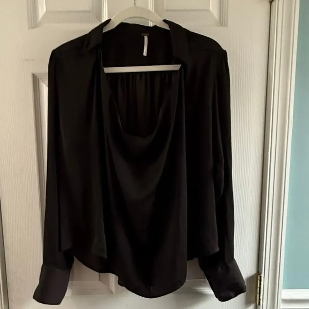 Free People Shine Bright Cowl Neck Blouse Midnight Brown Small